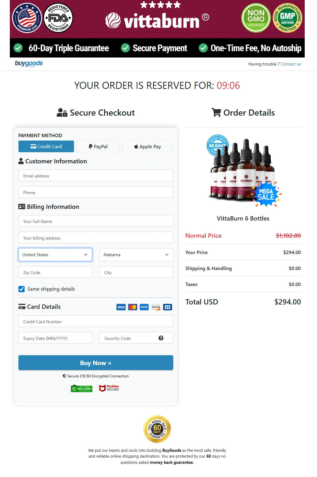 Vittaburn secure checkout page